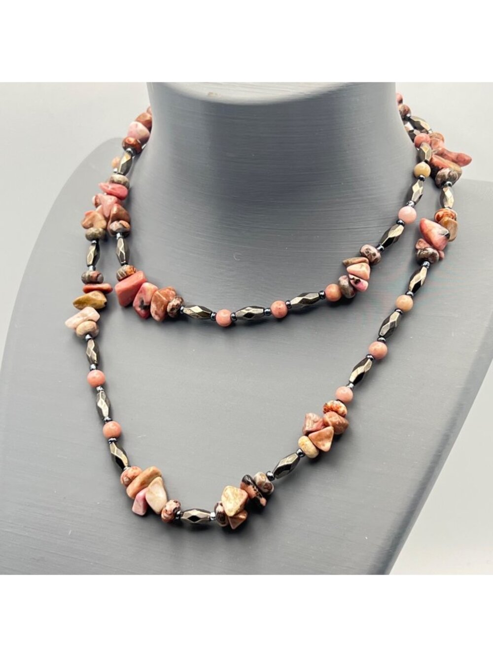 Rhodonite 26" Stretch Necklace Pink Earth-Tone Beads Faceted Hematite Beads Boho